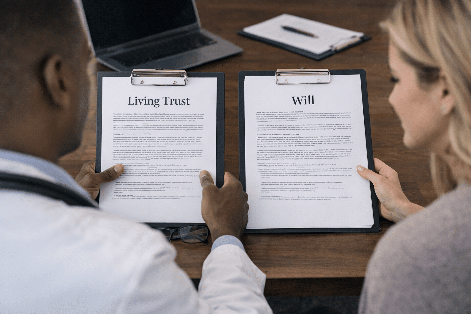 Physician and partner comparing living trust and will documents side by side during estate planning discussion
