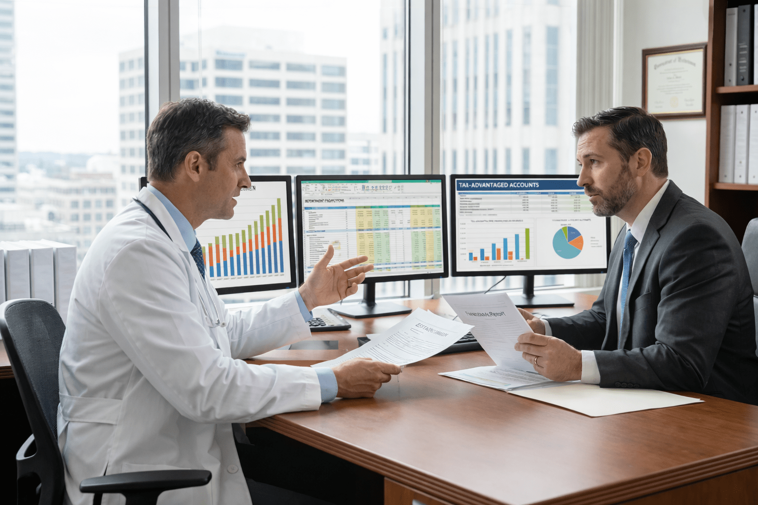 Physician reviewing financial and estate planning documents in a modern clinic