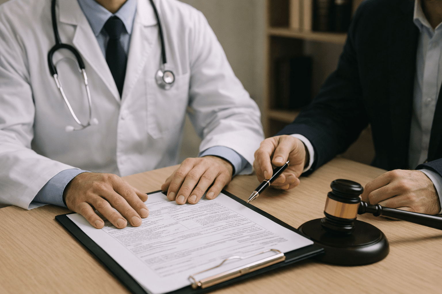 Physician reviewing legal documents with attorney and judge’s gavel on desk