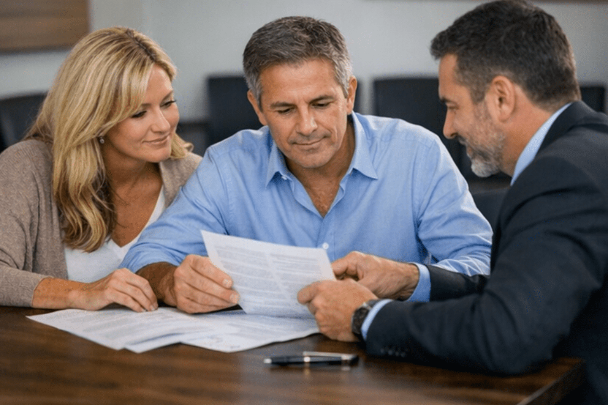 Physician and spouse reviewing estate planning documents with a financial advisor during a consultation

