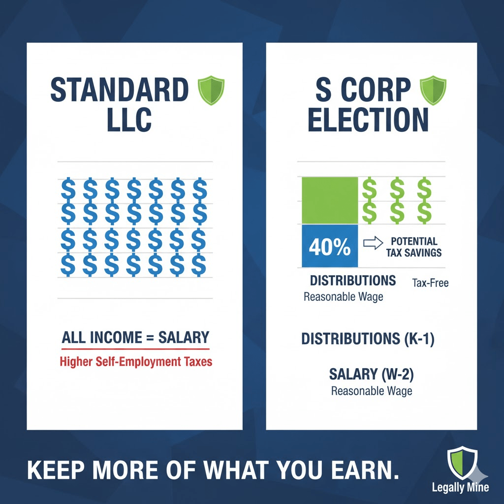Side-by-side comparison of LLC vs S corporation tax treatment showing salary and distribution split.