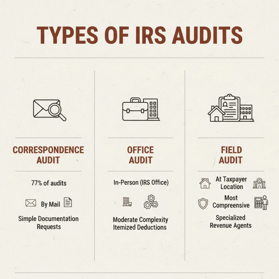 Visual representation of types of IRS audits, correspondence audit, office audit, and field audit.