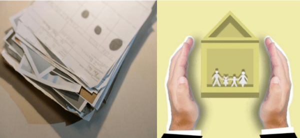 A composite image showing a messy stack of old documents and photographs on the left, contrasted with a graphic on the right of two hands cupped protectively around a house containing a family silhouette.