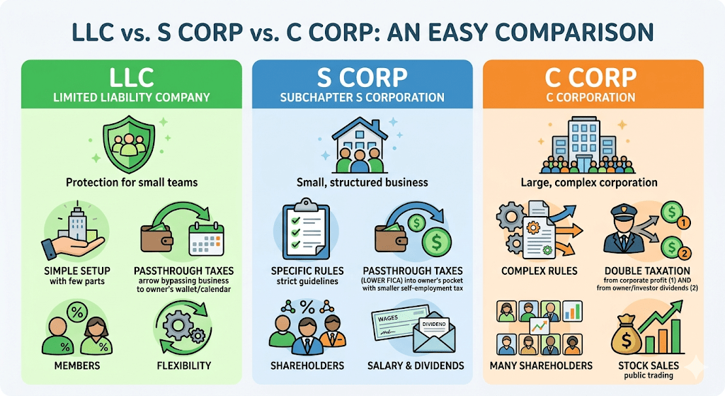 Visual Representation of LLC, S Corp, and C Corp.
