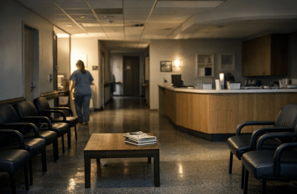 Empty medical office waiting room with a staff member walking down a hallway, representing practice disruption
